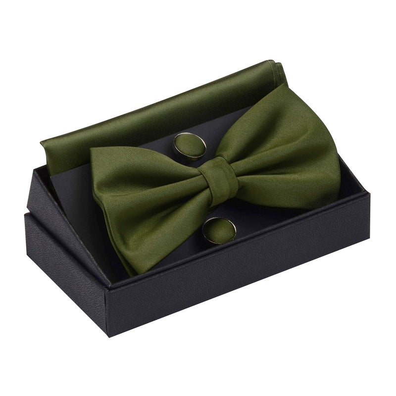 GUSLESON Mens Solid Olive Green Bow Tie Wedding Pre-tied Bowtie and Pocket Square Cufflink Set (0570-28) - Image 2